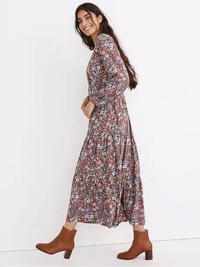 Madewell Brown Floral V-Neck Long Sleeve Midi Dress